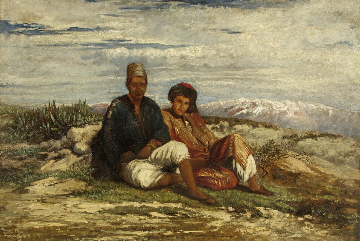 Duas figuras árabes sentadas (óleo sobre tela) de William James Muller