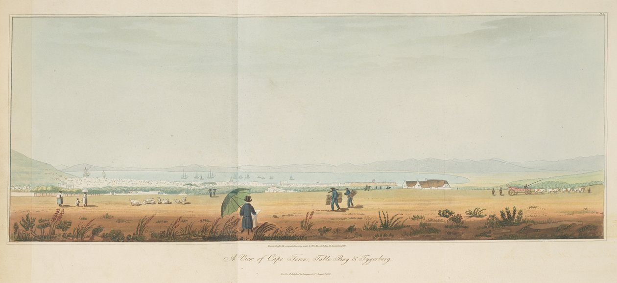Uma vista da Cidade do Cabo, Table Bay e Tygerberg, de Travels in the Interior of Southern Africa, vol. 1 de William John (after) Burchell