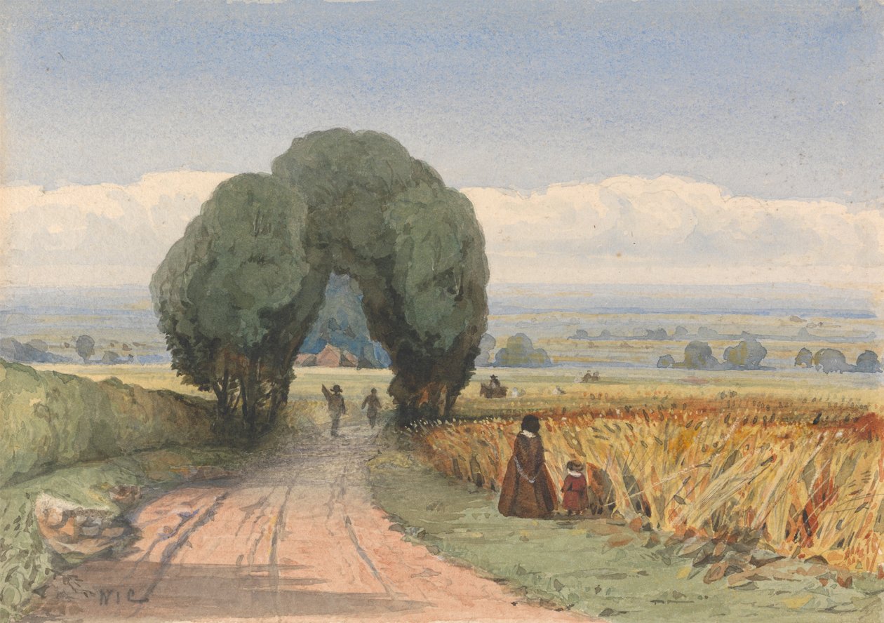 Gloucestershire - uma mulher e uma criança numa estrada que faz fronteira com campos de milho maduro em Moreton-in-Marsh de William John Chamberlayne
