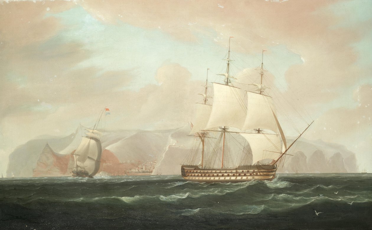 Um navio de linha de três andares a afastar-se de Jamestown, Santa Helena, com a sua fragata de escolta a disparar uma saudação de despedida de William John Huggins