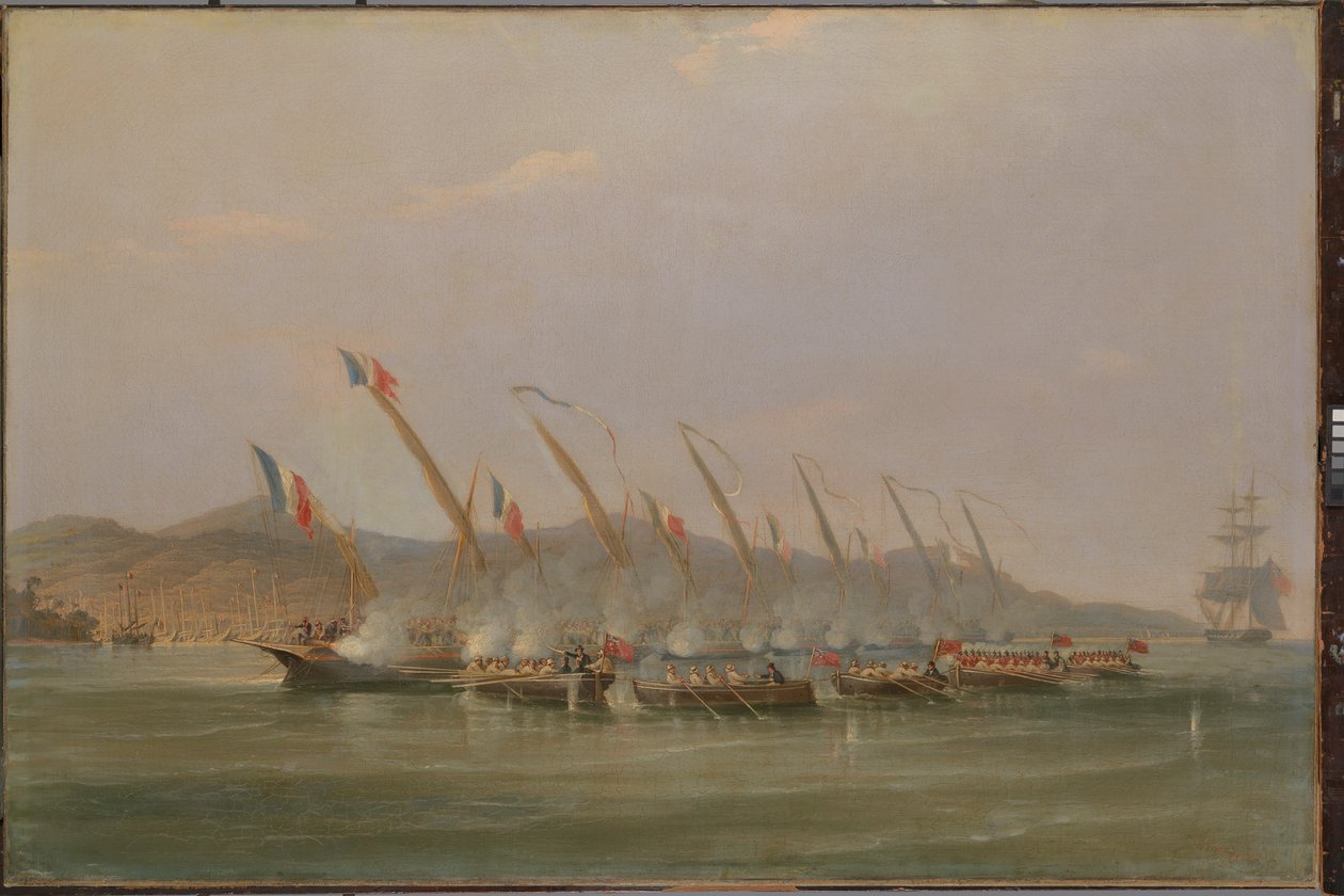 Capitão Robert Maunsell capturando canhoneiras francesas ao largo de Java, julho de 1811, c.1811 (óleo sobre tela) de William John Huggins