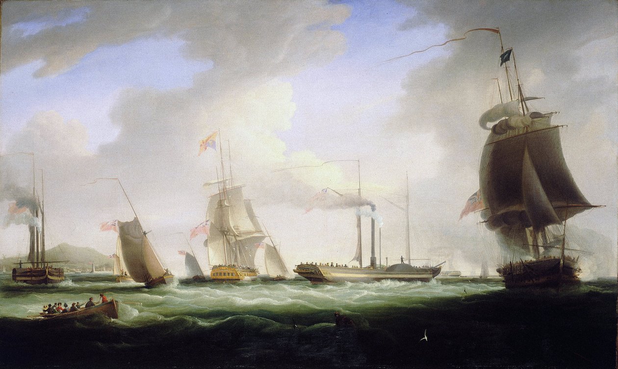 O rei Jorge IV de Inglaterra (1762-1830) embarcou no "Lightning", o primeiro barco a vapor do serviço postal, com destino a Dublin (Irlanda), a 12 de agosto de William John Huggins