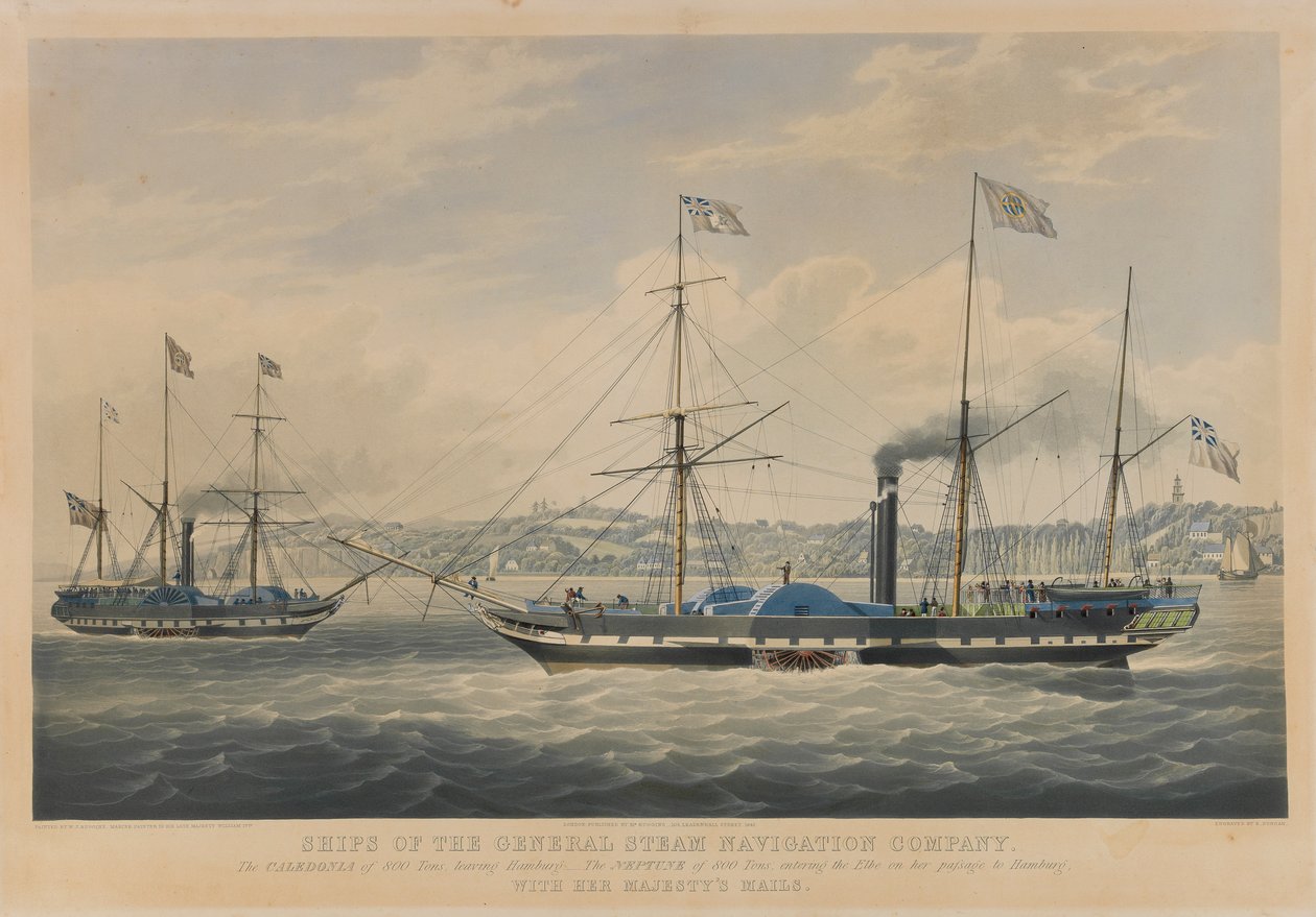 Navios da Companhia Geral de Navegação a Vapor. O Caledonia de 800 toneladas, saindo de Hamburgo - O Neptune de 800 toneladas, entrando no Elba na sua passagem para Hamburgo, com os Correios de Sua Majestade de William John Huggins