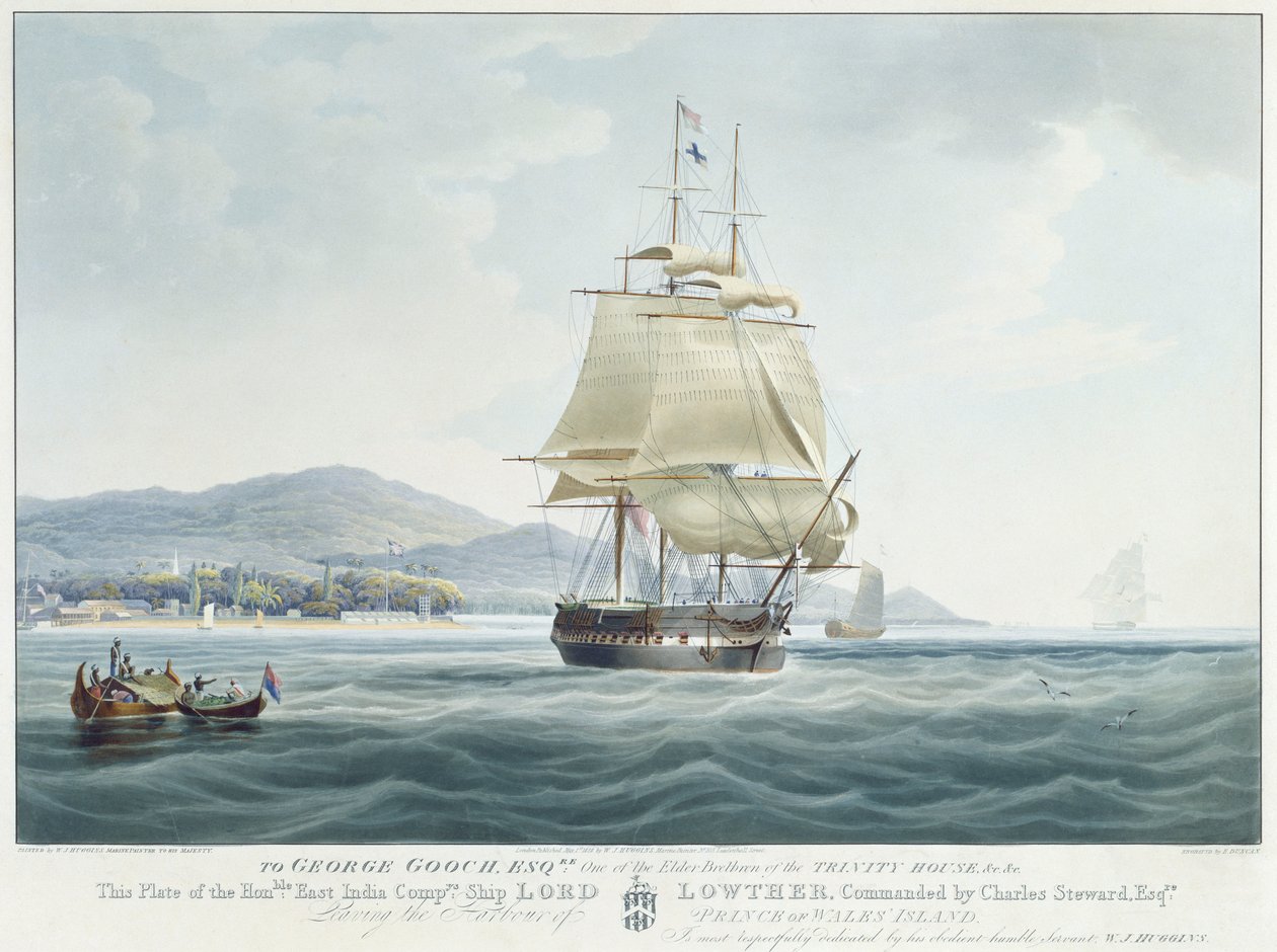 O navio da Companhia das Índias Orientais "Lord Lowther", comandado por Charles Steward, deixa o porto da ilha Prince of Wales de William John Huggins