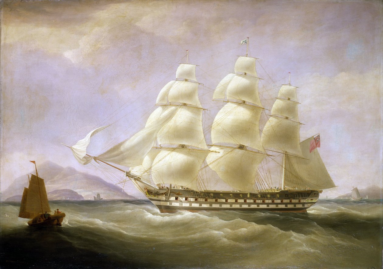 O barco indiano "Triton", ao largo da costa da China, com um pequeno barco local visível. Óleo sobre tela de William John Huggins