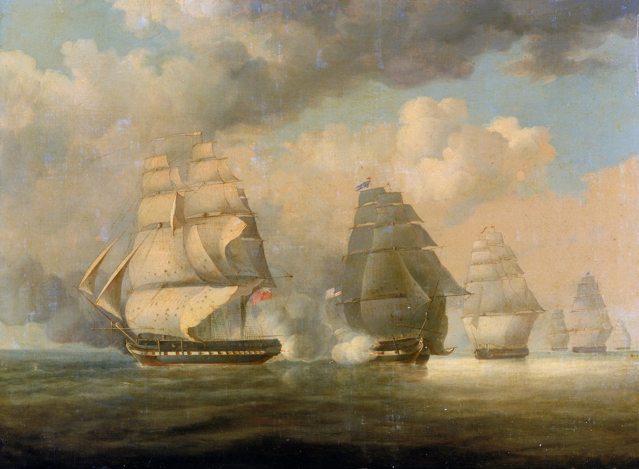 Fuga do HMS "Belvidera", 23 de junho de 1812, ao largo da costa de New London, Connecticut, nove dias após o início da Guerra Anglo-Americana de 1812 ou Segunda Guerra da Independência (1812-1815) de William John Huggins