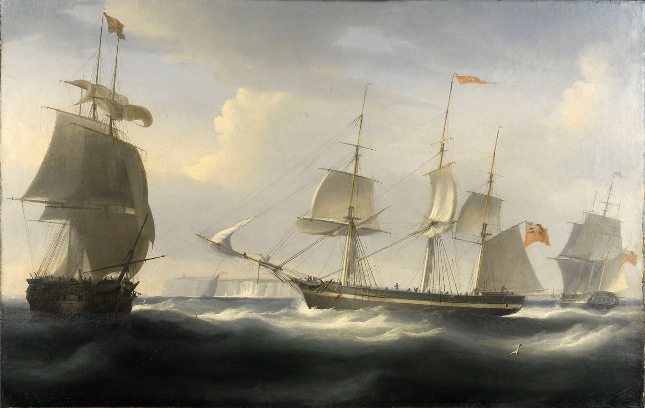 O navio "Delaford", construído no Tamisa em 1788 para o comércio entre Londres (Inglaterra) e as Índias Orientais. Óleo sobre tela, cerca de 1830, de William John Huggins (1781-1845). de William John Huggins