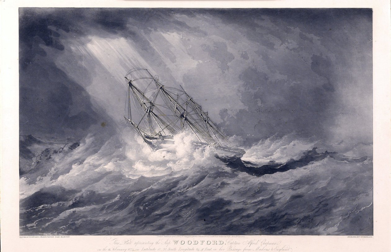 O navio "Woodford" (construído em 1819, em Bristol, Inglaterra), do armador e capitão Alfred Chapman, em 1824, na viagem entre Madras (Índia) e Inglaterra, apanhado pela tempestade de William John Huggins