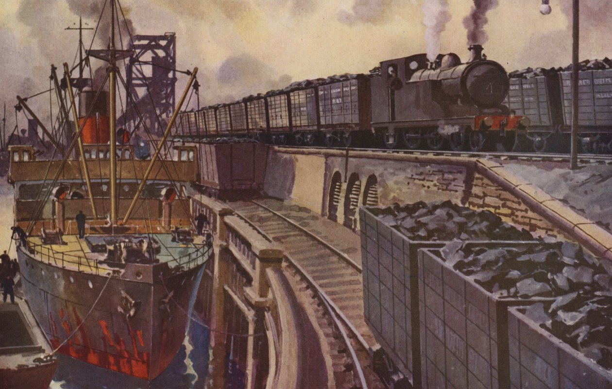 Um comboio de carvão puxado por uma locomotiva-cisterna 4-4-2 (litografia a cores) de William John Patton McDowell