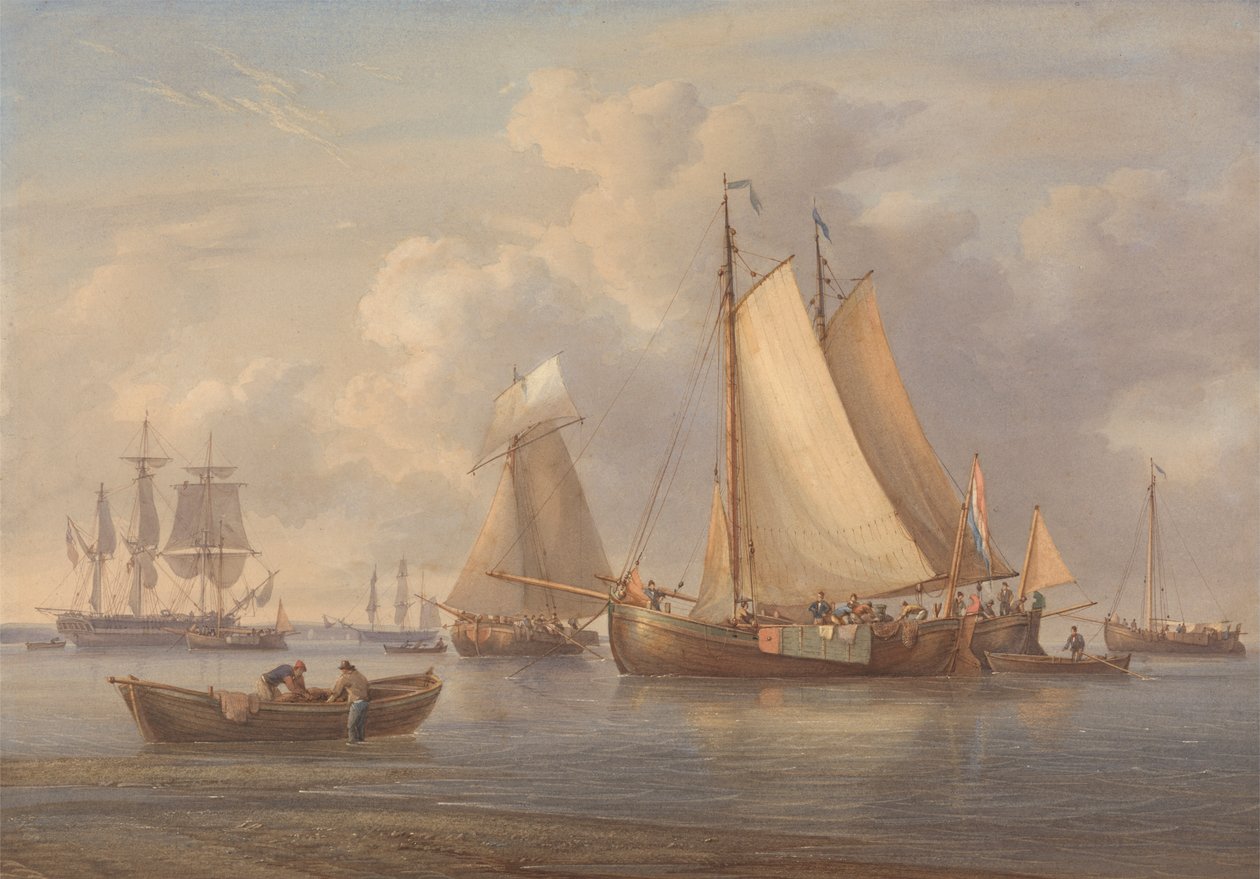 Barcos de pesca holandeses no Anchor, num estuário de William Joy