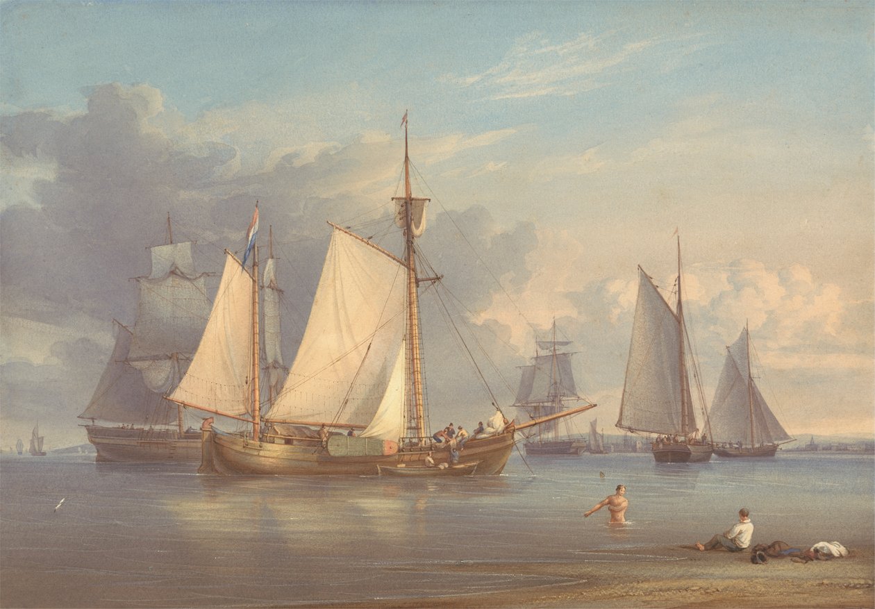 Barcos de pesca holandeses no Anchor, num estuário de William Joy