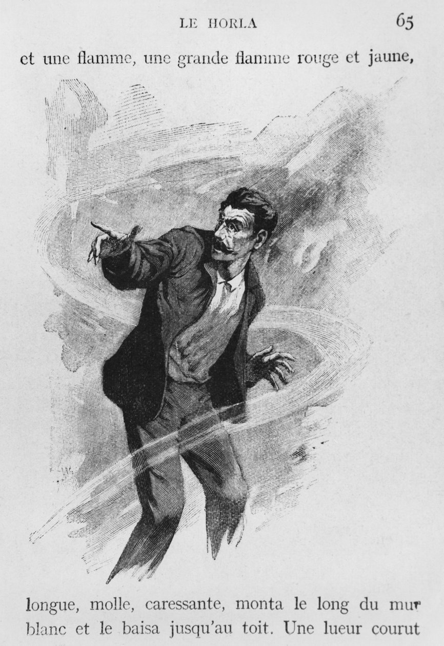 O narrador, ilustração de &39;Le Horla&39; de Guy de Maupassant (1850-93) gravada por Georges Lemoine, Paris, Edições Albin Michel, c.1910 (gravura em madeira) de William Julian Damazy
