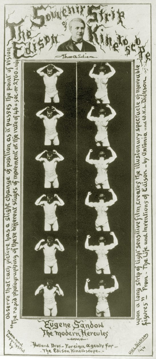 A tira de lembrança de Edison Kinetoscope Eugene Sandow, o moderno Hércules, foto c.1894 bw de William Kennedy Laurie Dickson