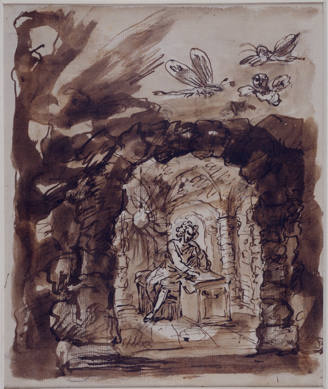 Alexander Pope na sua gruta, c.1730 (Caneta e tinta com lavagem castanha sobre lápis sobre papel) de William Kent