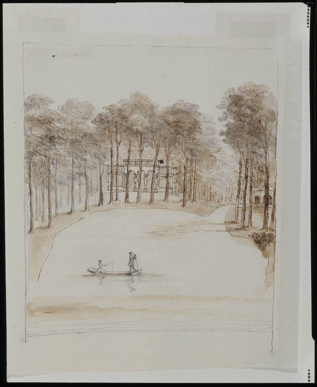 Birdhouse em Chiswick; piscina com um casal em um barco, a mulher pescando (caneta e lápis marrom sobre lápis sobre papel) de William Kent