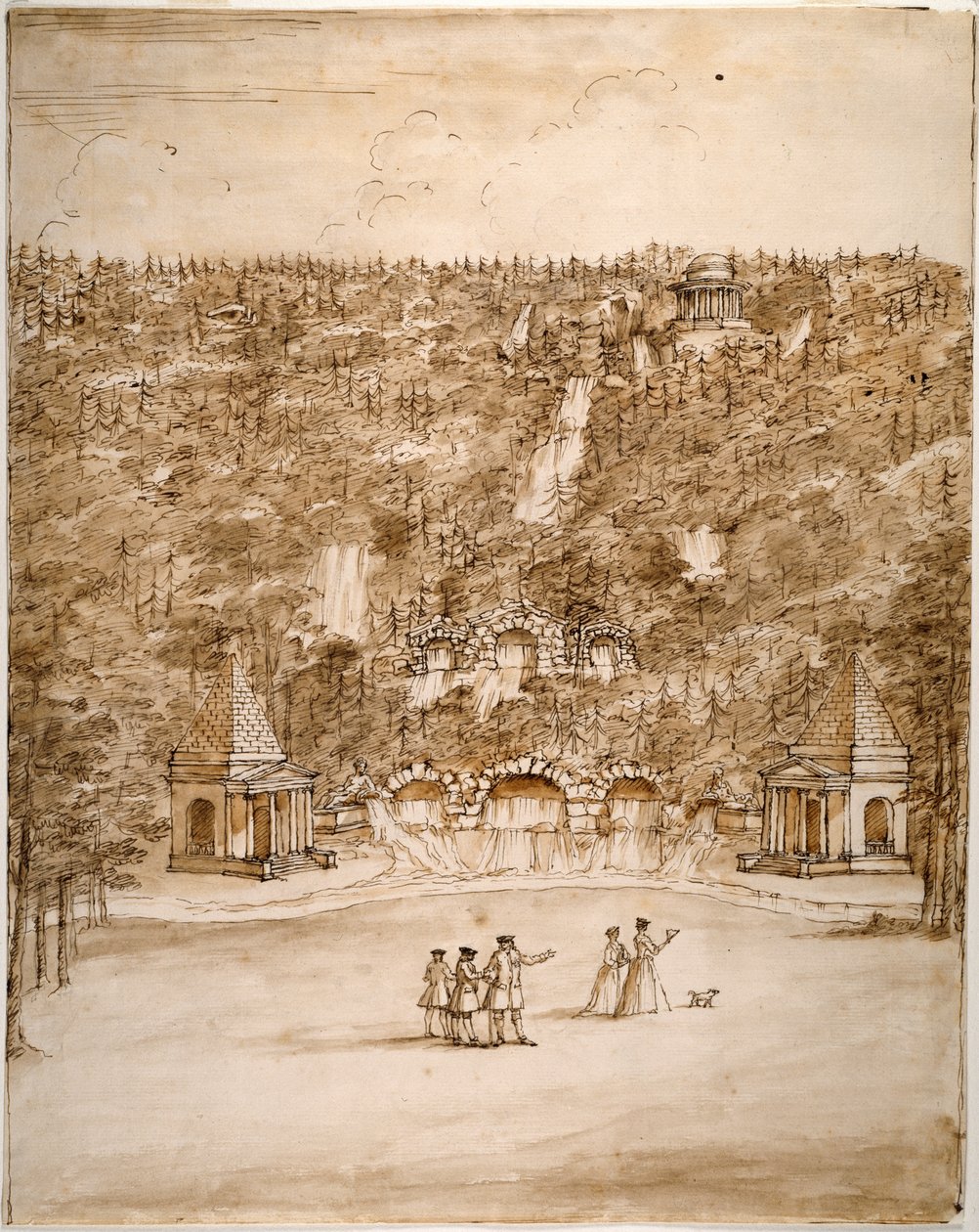 Chatsworth: desenho para uma Cascata, início dos anos 1740 (Caneta e tinta castanha com lavagem castanha sobre lápis em papel) de William Kent