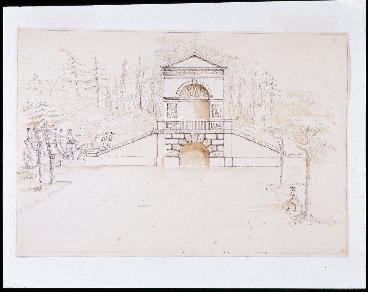 Chiswick, design para uma cascata pedimentada combinada com uma ponte rodoviária no final do canal (caneta e tinta e lavagem em papel) de William Kent