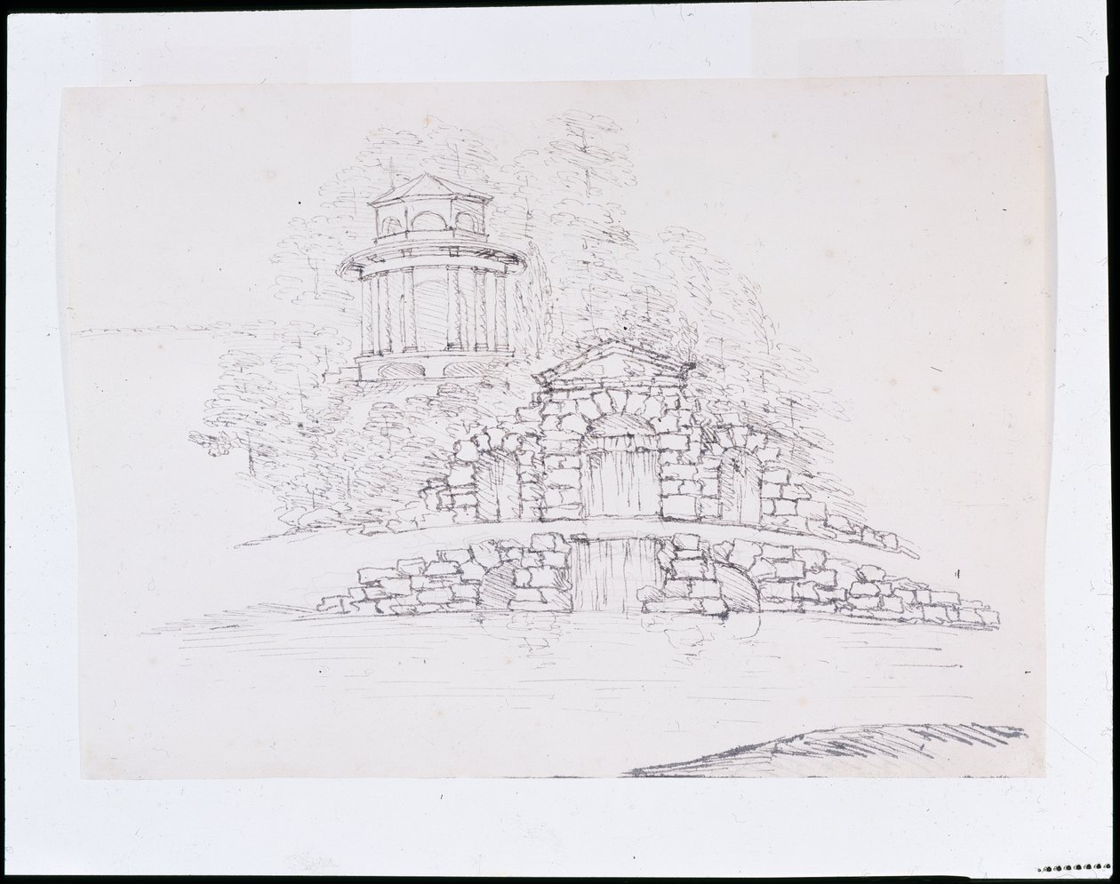 Chiswick, design para uma cascata de palavras rochosas com um templo dórico octogonal no terraço atrás (caneta e tinta sobre lápis sobre papel) de William Kent