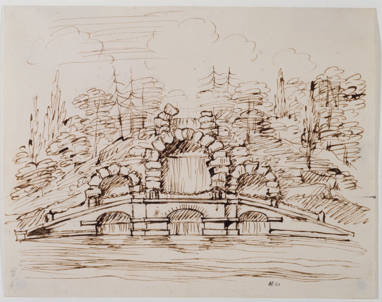 Chiswick, design para a cascata como construído (caneta e tinta sobre lápis sobre papel) de William Kent