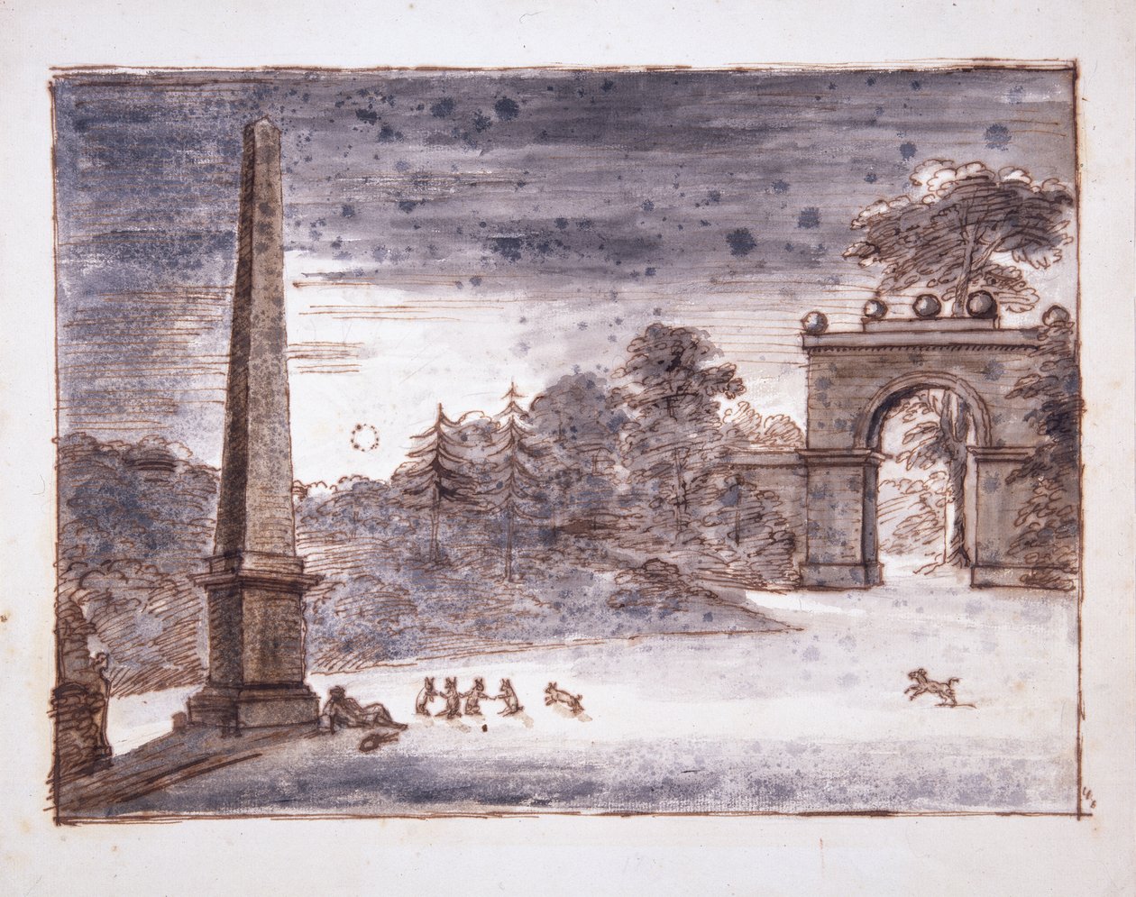 Chiswick, o Burlington Lane Gate e o Obelisco ao luar com Kent sentado junto ao Obelisco a sonhar, e com coelhos a brincar, c.1732 (caneta e tinta e lavagem sobre papel) de William Kent