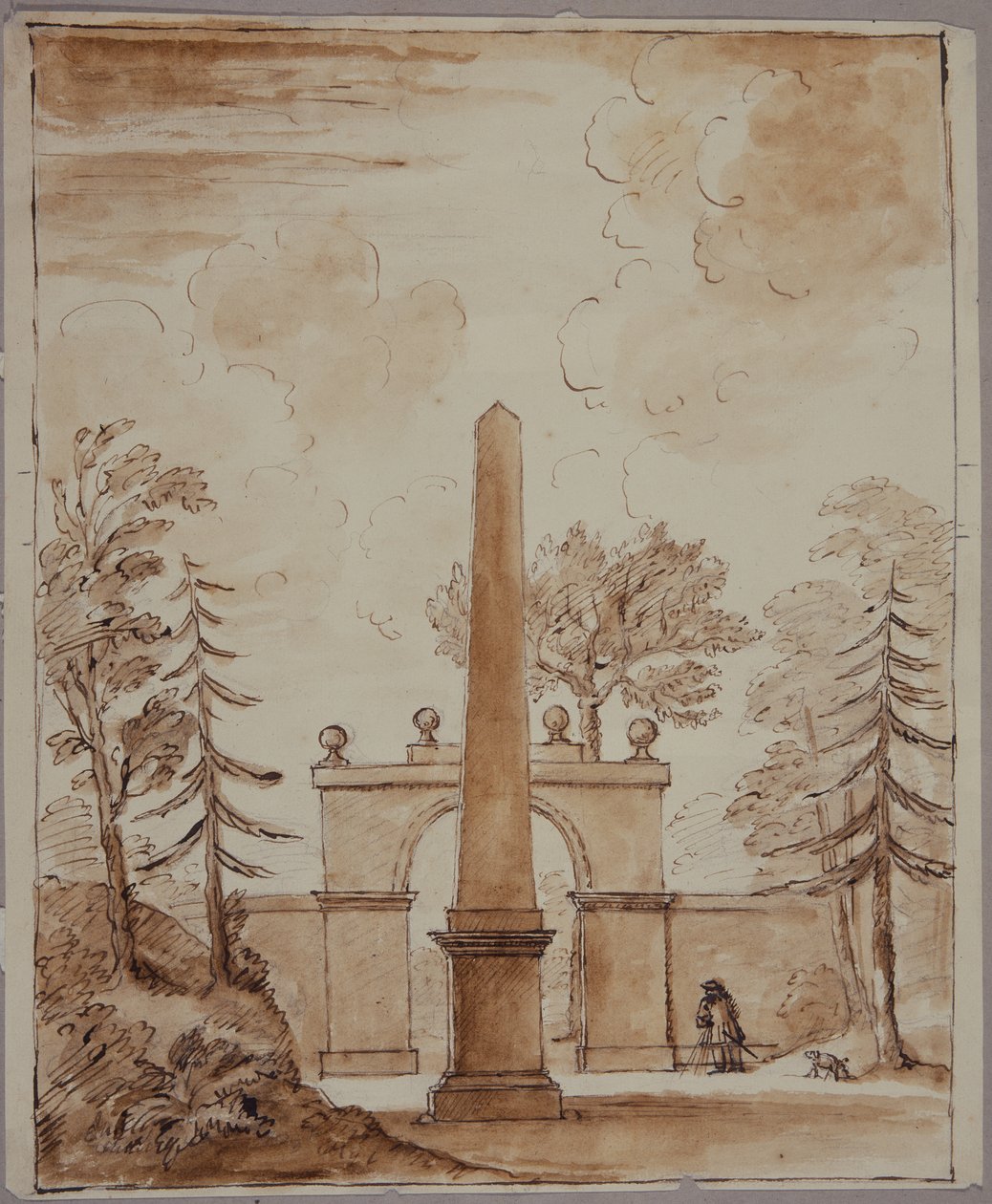 Chiswick, vista do Burlington Lane Gate, o Obelisco em primeiro plano, e Kent com cão (caneta e tinta e lavagem em papel) de William Kent
