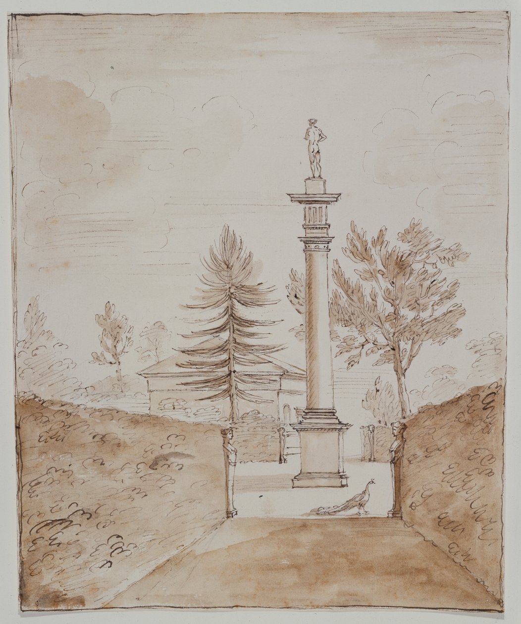 Chiswick, vista da Coluna Dórica com estátua de Vénus de Medici, e um vislumbre do lado da casa do veado (caneta e tinta sobre papel) de William Kent