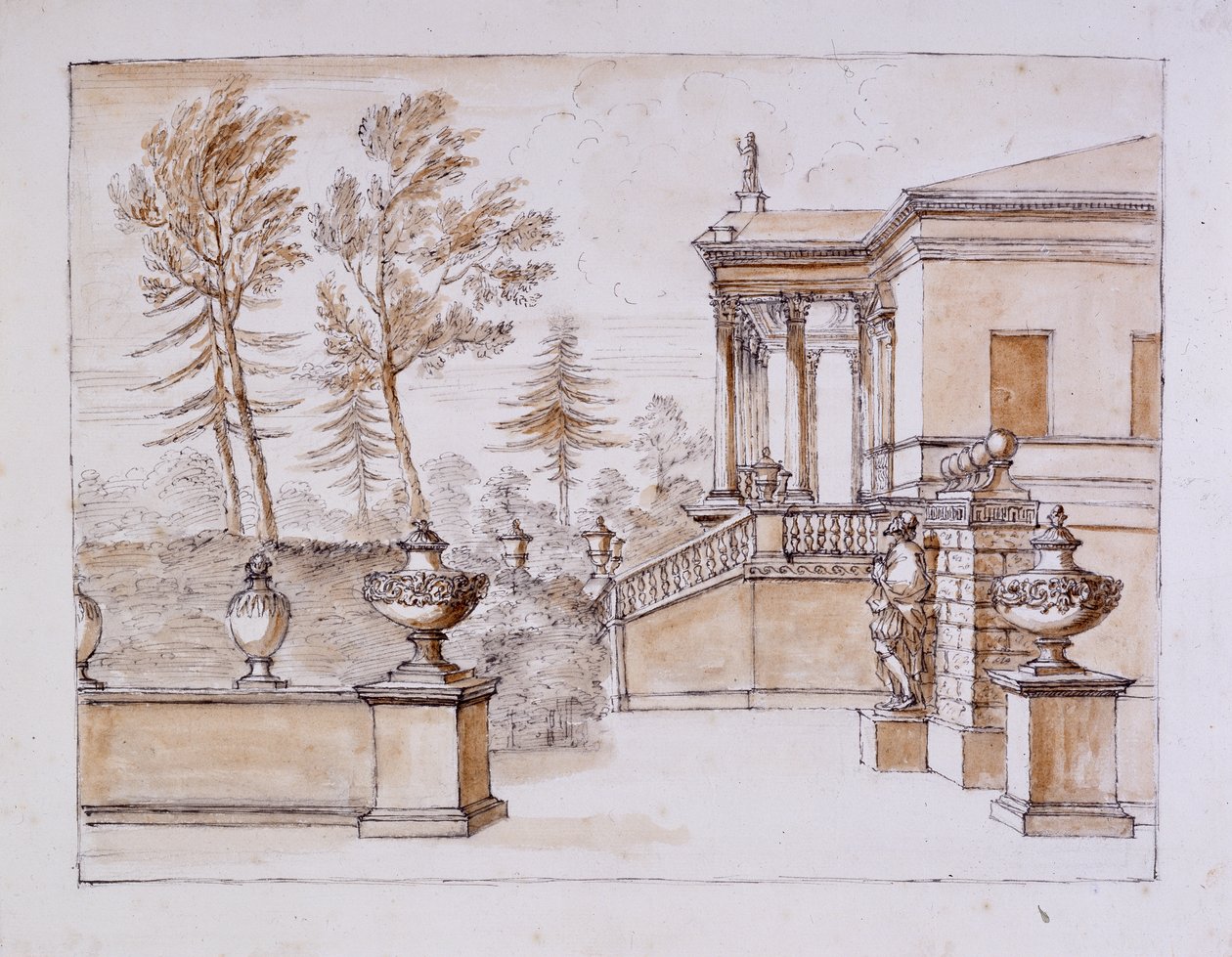 Chiswick, vista da Villa do lado da estátua de Inigo Jones (caneta e tinta e lavar a lápis sobre papel) de William Kent