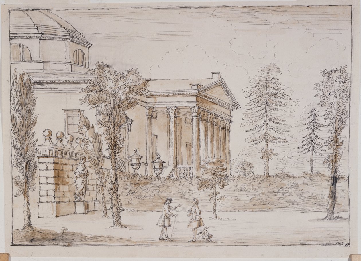 Chiswick, vista da villa do lado da estátua do Palladio (caneta e tinta e lavar a lápis sobre papel) de William Kent