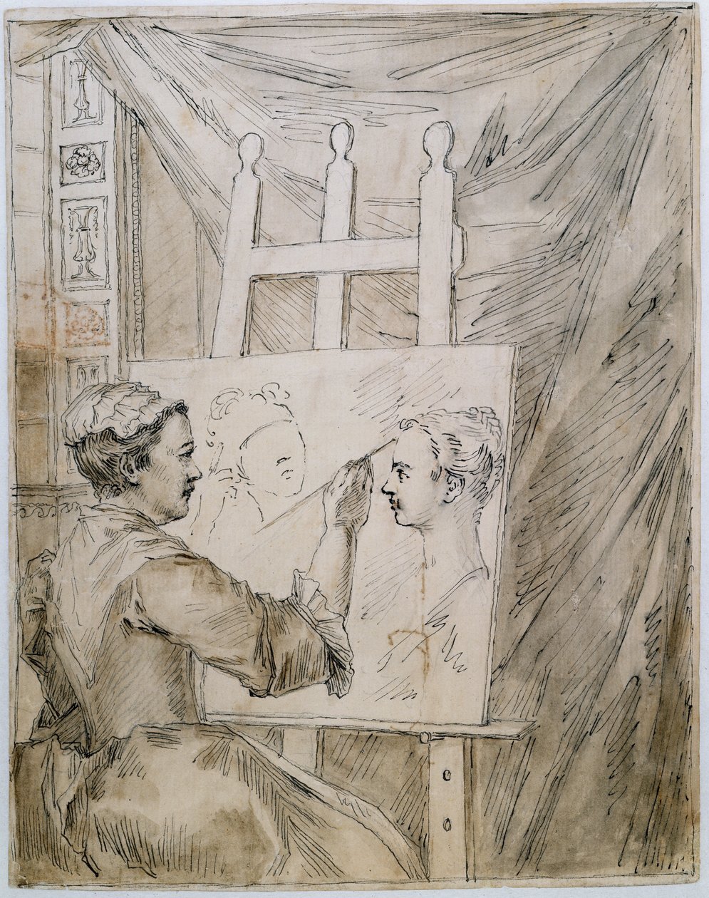 Lady Burlington no seu cavalete no seu quarto de jardim (caneta e tinta e lápis sobre papel) de William Kent
