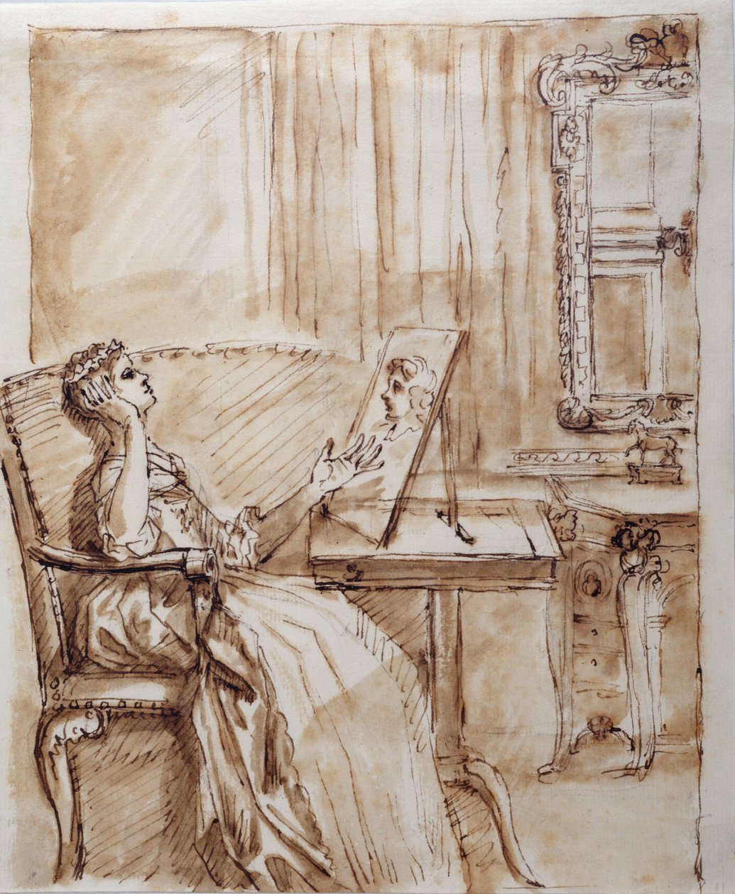 Lady Burlington sentada no seu Quarto de Jardim admirando um desenho do Velho Mestre (?) (caneta e tinta sobre papel) de William Kent