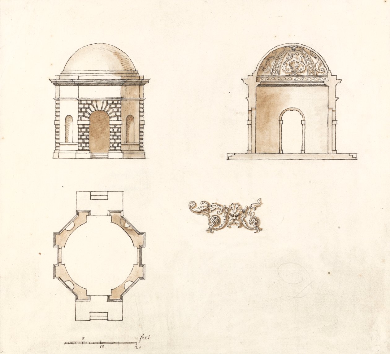 Templo Octogonal no Shotover Park, Oxfordshire: Plano, Secção e Elevação de William Kent