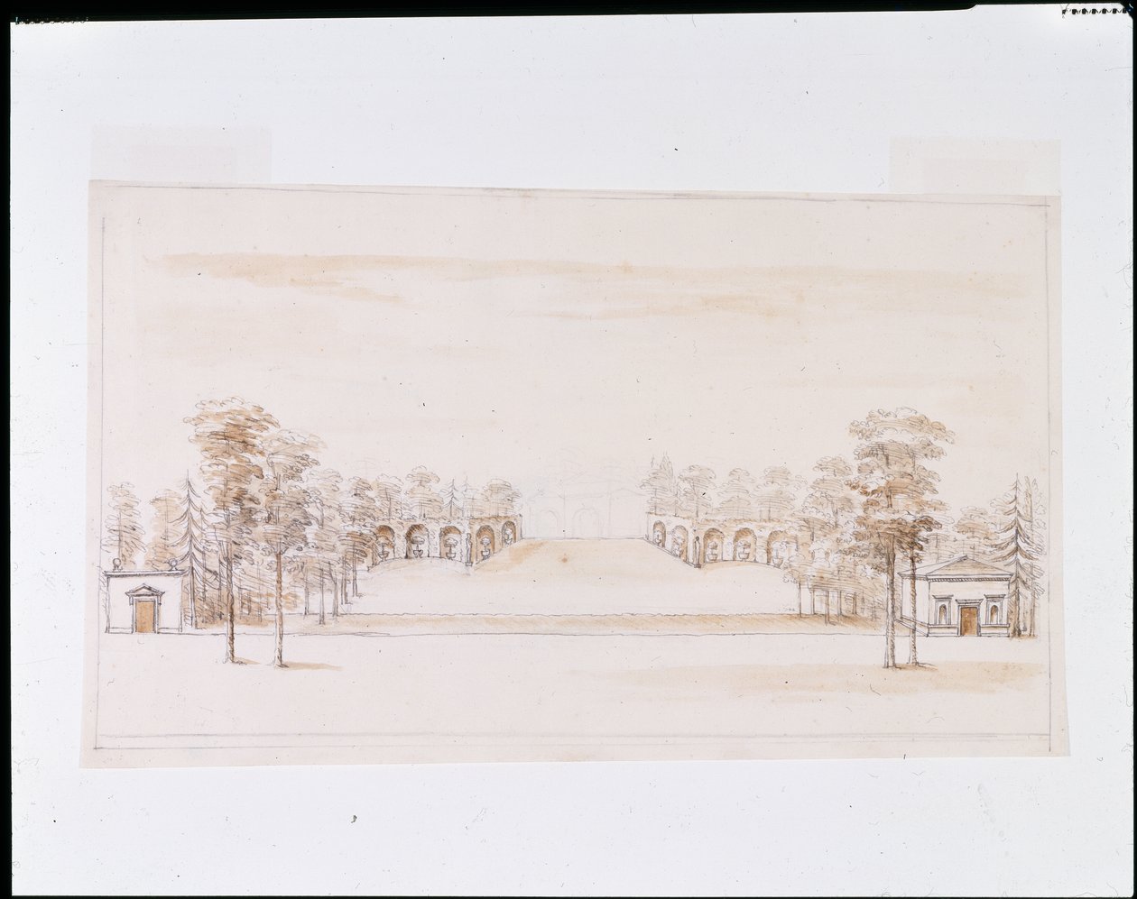 Desenho de perspectiva para uma nova Orangery (caneta e tinta e lavagem sobre lápis em papel) de William Kent