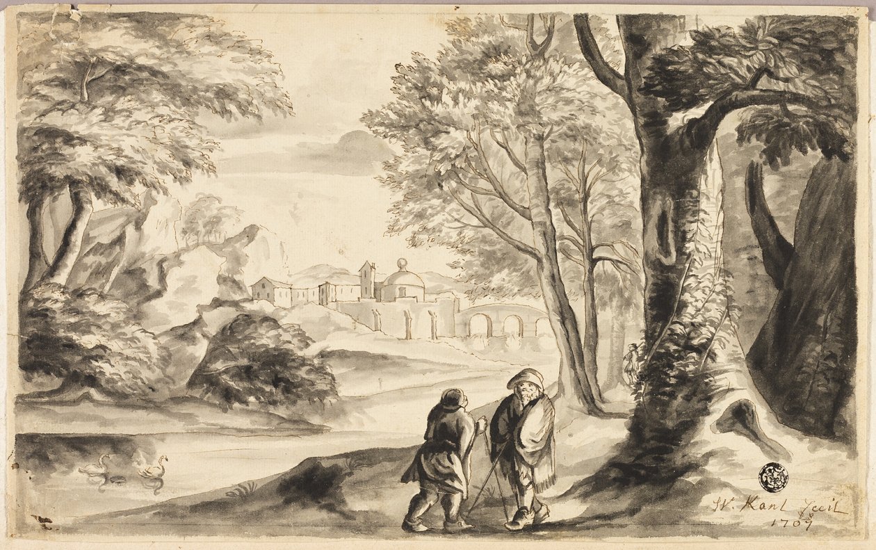 Dois viajantes sob a árvore com vila e ponte à distância de William Kent
