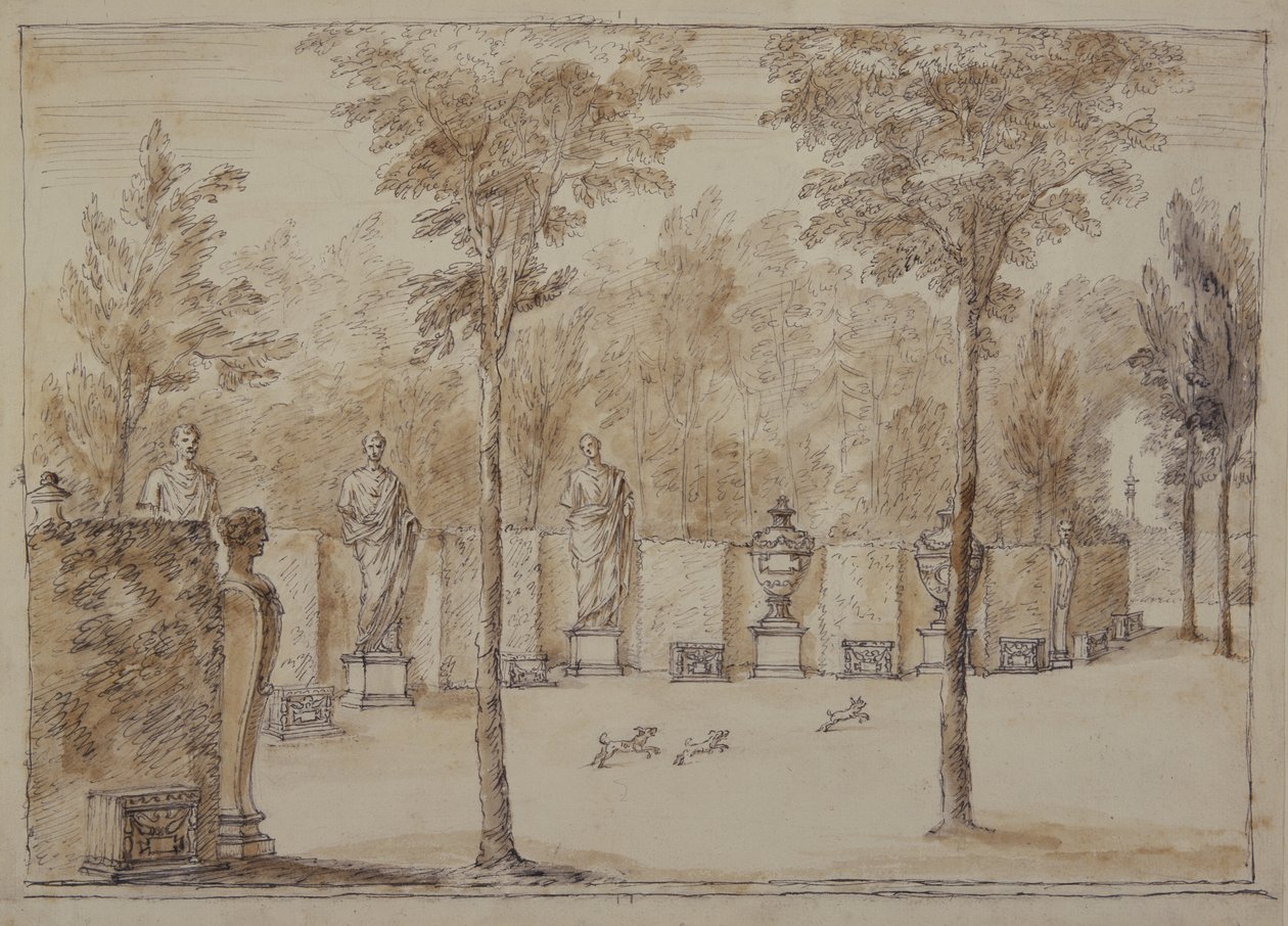 Vista para o Exedra em Chiswick (caneta e tinta com lavagem castanha no papel) de William Kent