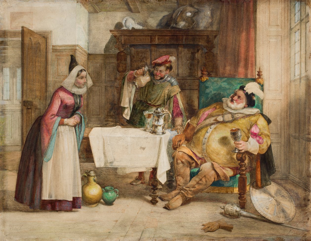 Cena de "Merry Wives of Windsor" de Shakespeare: Falstaff, Bardolf e Hostess, 1860 de William Knight Keeling