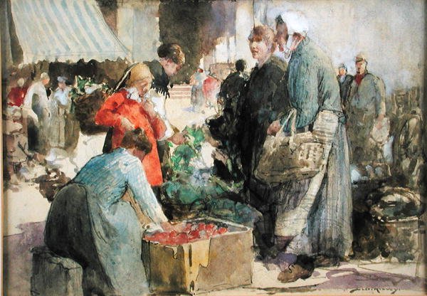 Um Mercado da Picardia (aguarela, guache e lápis sobre papel) de William Lee Hankey