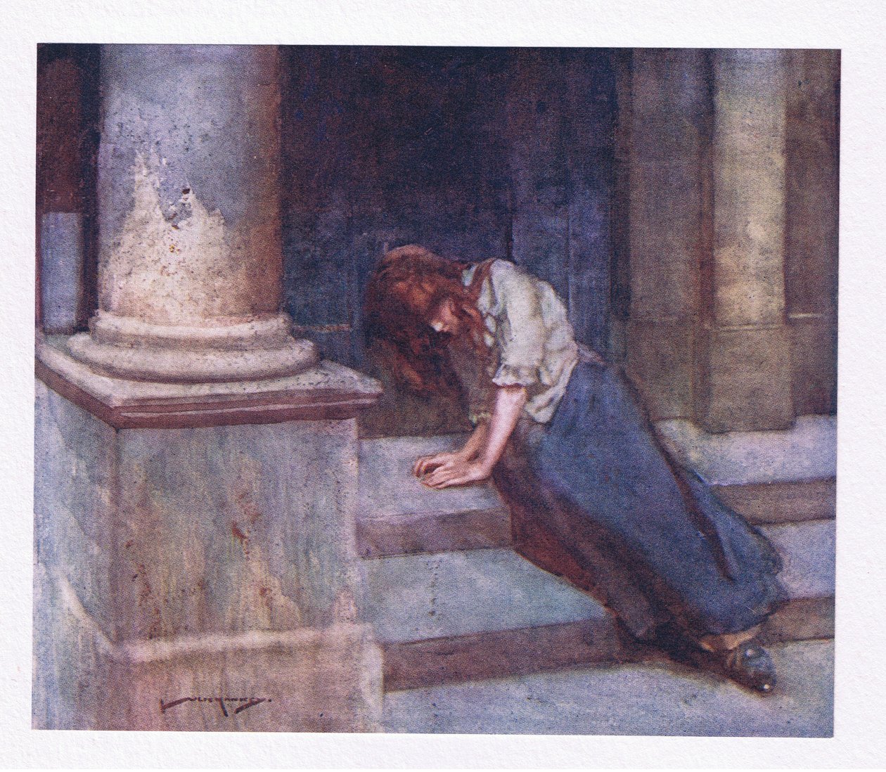 E, beliscado pelo frio, e encolhendo do duche, com o coração pesado deplora essa hora sem sorte (cor litho) de William Lee Hankey