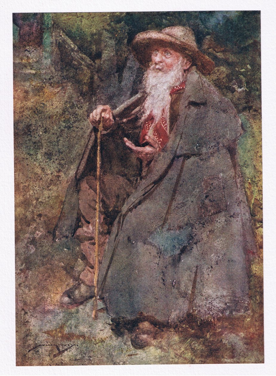 O mendigo há muito lembrado foi seu convidado, cuja barba descendente varreu o seu peito envelhecido (cor litho) de William Lee Hankey