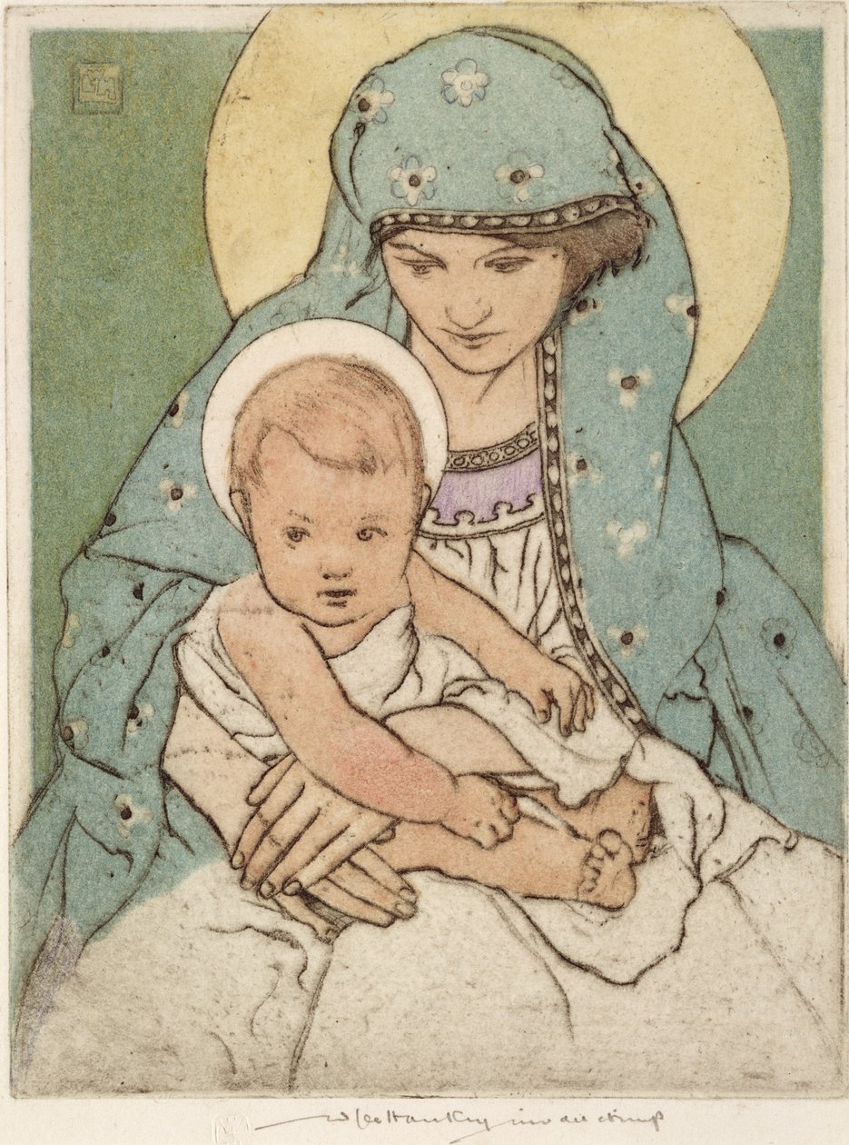 Virgem Maria com o Cristo Infante (ponto seco colorido à mão) de William Lee Hankey