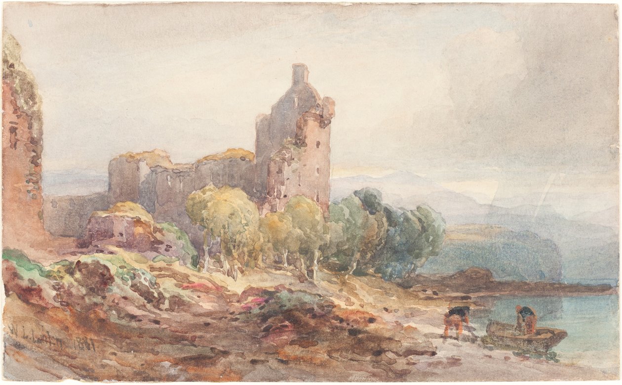 Um castelo em ruínas em um lago de William Leighton Leitch