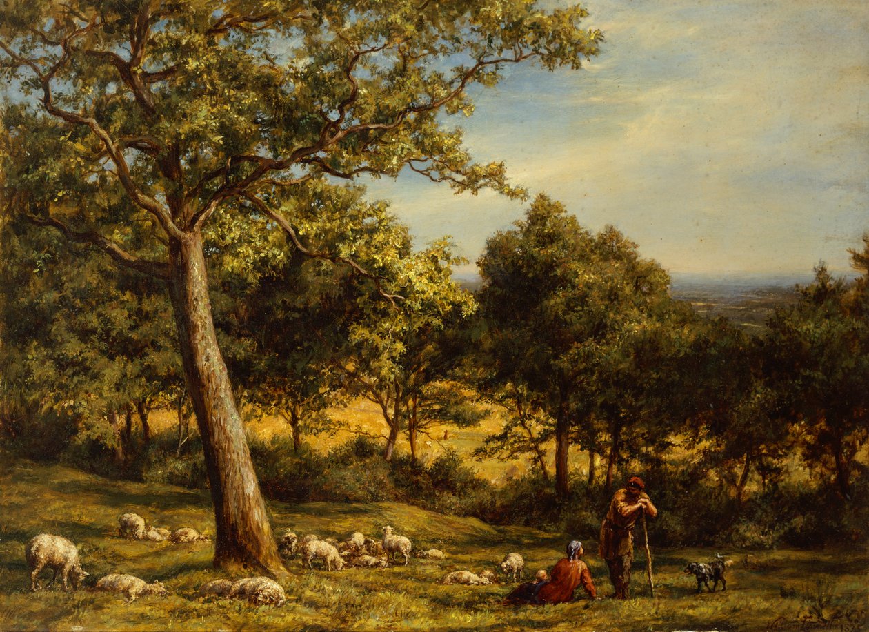 Um pastor e seu rebanho em uma paisagem arborizada iluminada pelo sol de William Linnell