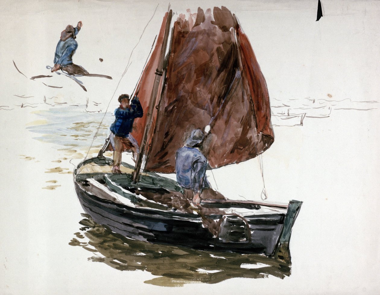 Um homem e um rapaz a bordo de um pequeno barco à vela. Aguarela de William Lionel Wyllie