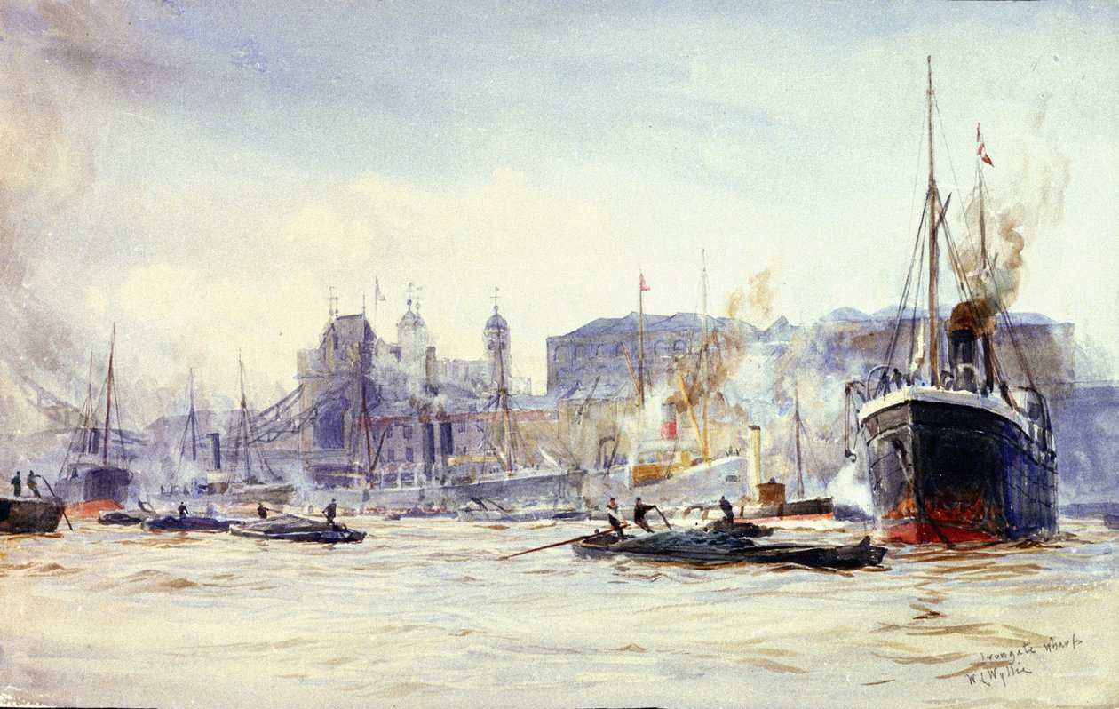 Cena de atividade ao longo de Irongate Quay, no Tamisa (Inglaterra), com a Tower Bridge à distância de William Lionel Wyllie