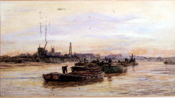 Barcaças ao pôr-do-sol (aguarela) de William Lionel Wyllie