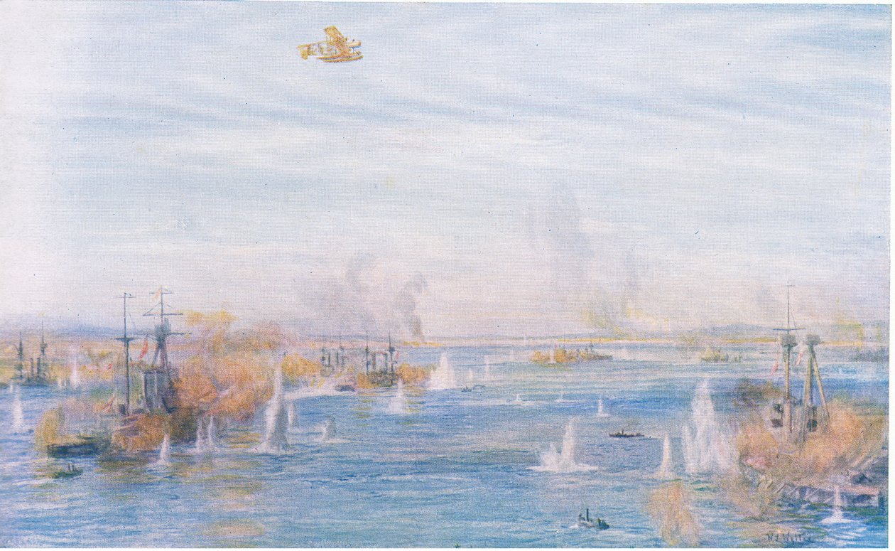 Bombarding the Narrows, 18 de março de 1915, de Cassells História do Povo Britânico publicado pela Waverley Book Company Limited, c.1940 de William Lionel Wyllie