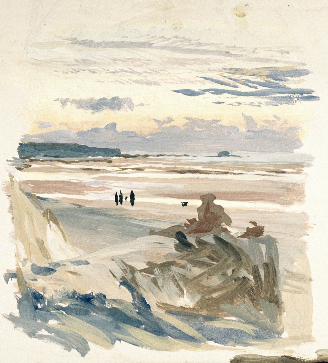 Personagens na praia, provavelmente em Amble (França), com a silhueta do Forte Vauban à luz do crepúsculo de William Lionel Wyllie