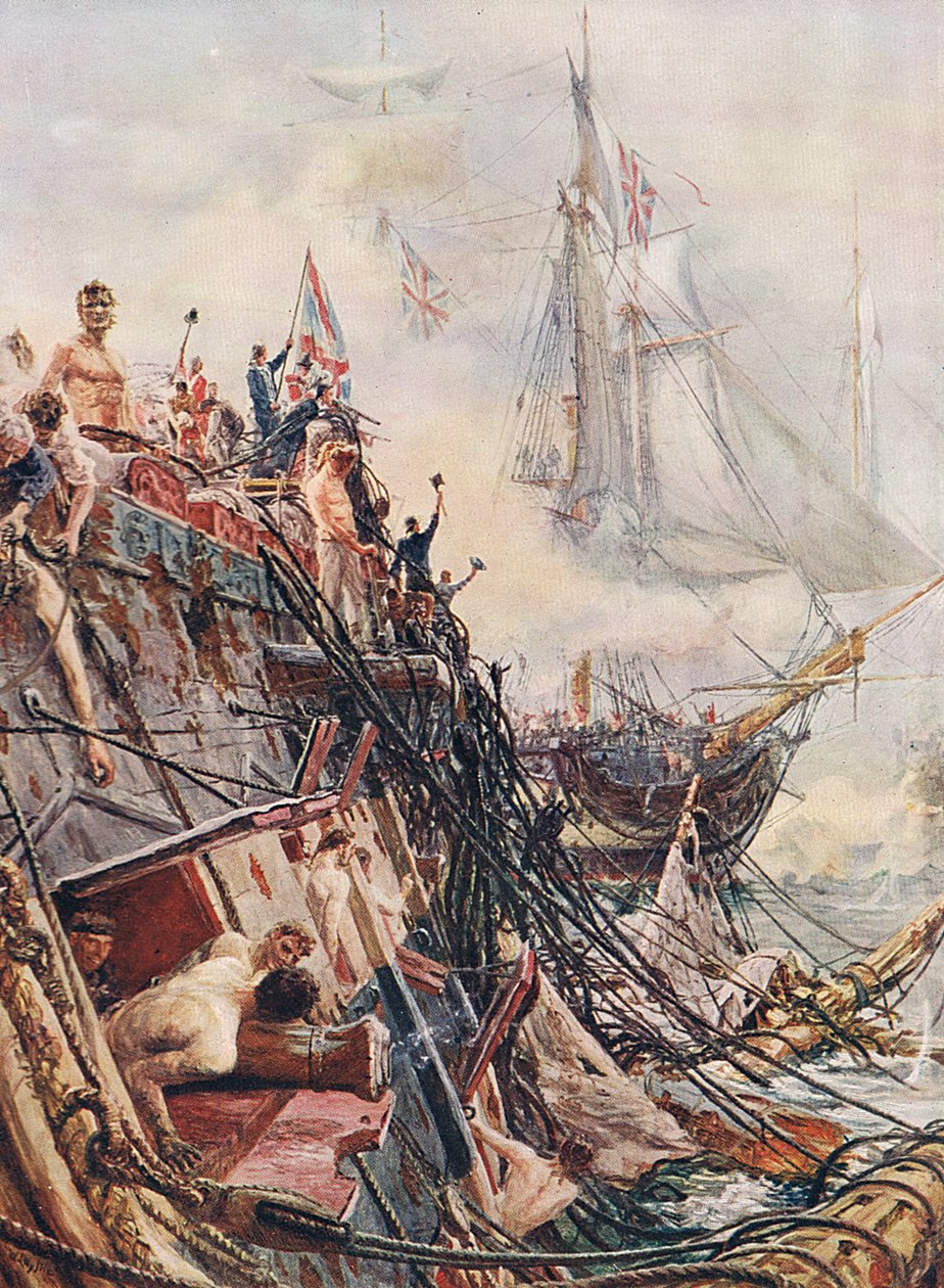 Aleijado, mas invicto: o Belleisle em Trafalgar em 21 de outubro de 1805, ilustração de "Batalhas Britânicas em terra e mar", publicado por Cassell, Londres, c.1910 de William Lionel Wyllie