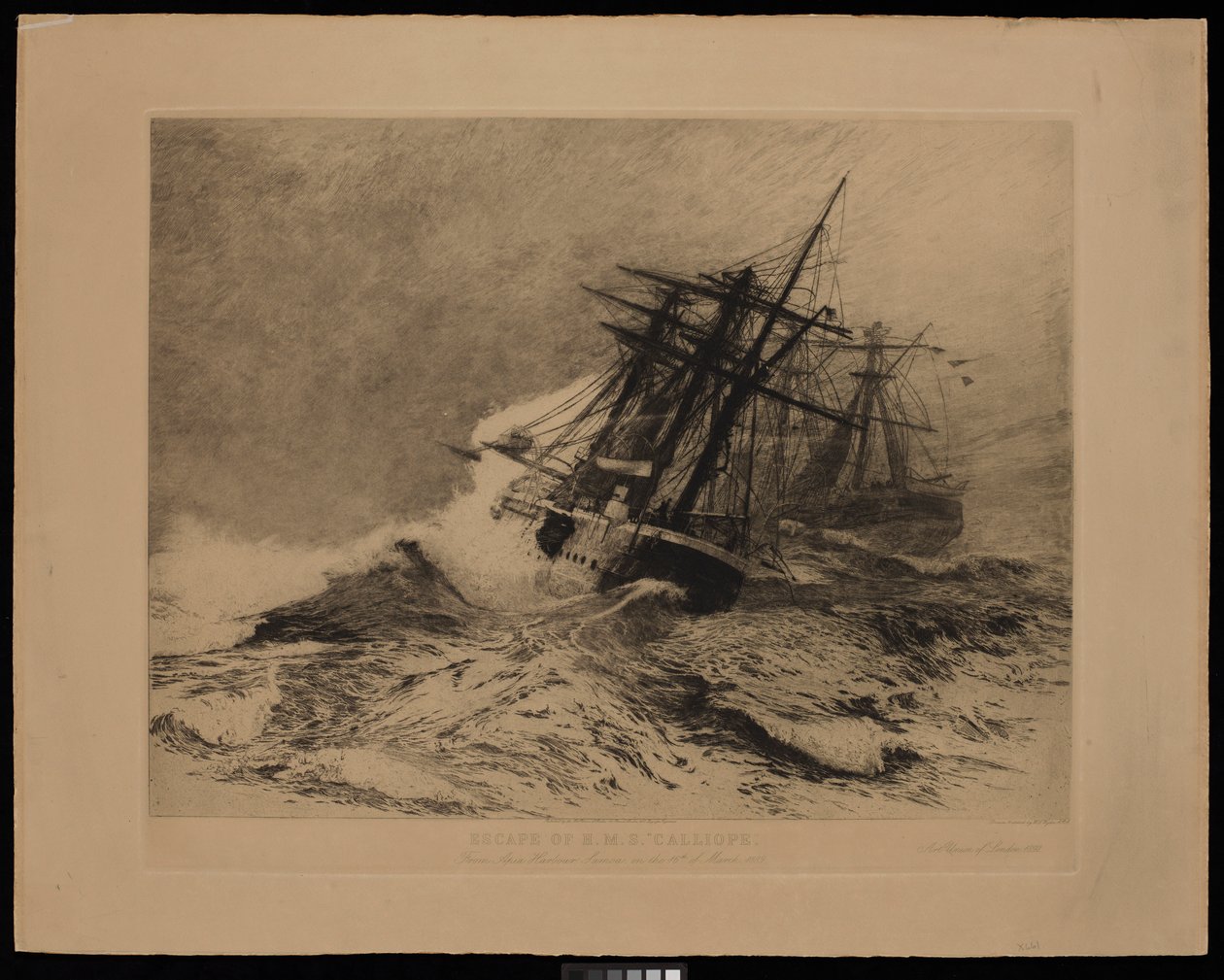 Fuga do H.M.S. Calliope do porto de Apia, Samoa, em 16 de março de 1889 (gravura) de William Lionel Wyllie