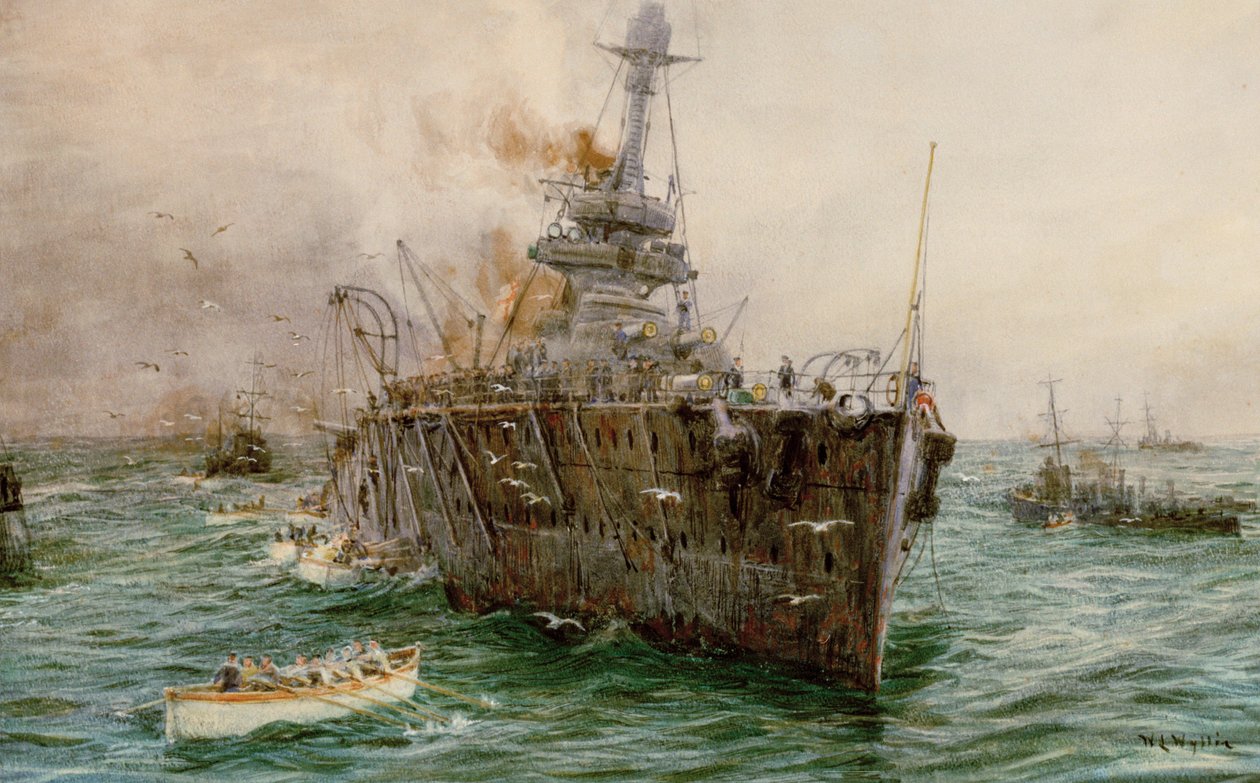 O HMS "Audacious" afunda-se ao largo de Loch Swilly depois de ter atingido uma mina, 27 de outubro de 1914, início do século XX (aguarela) de William Lionel Wyllie