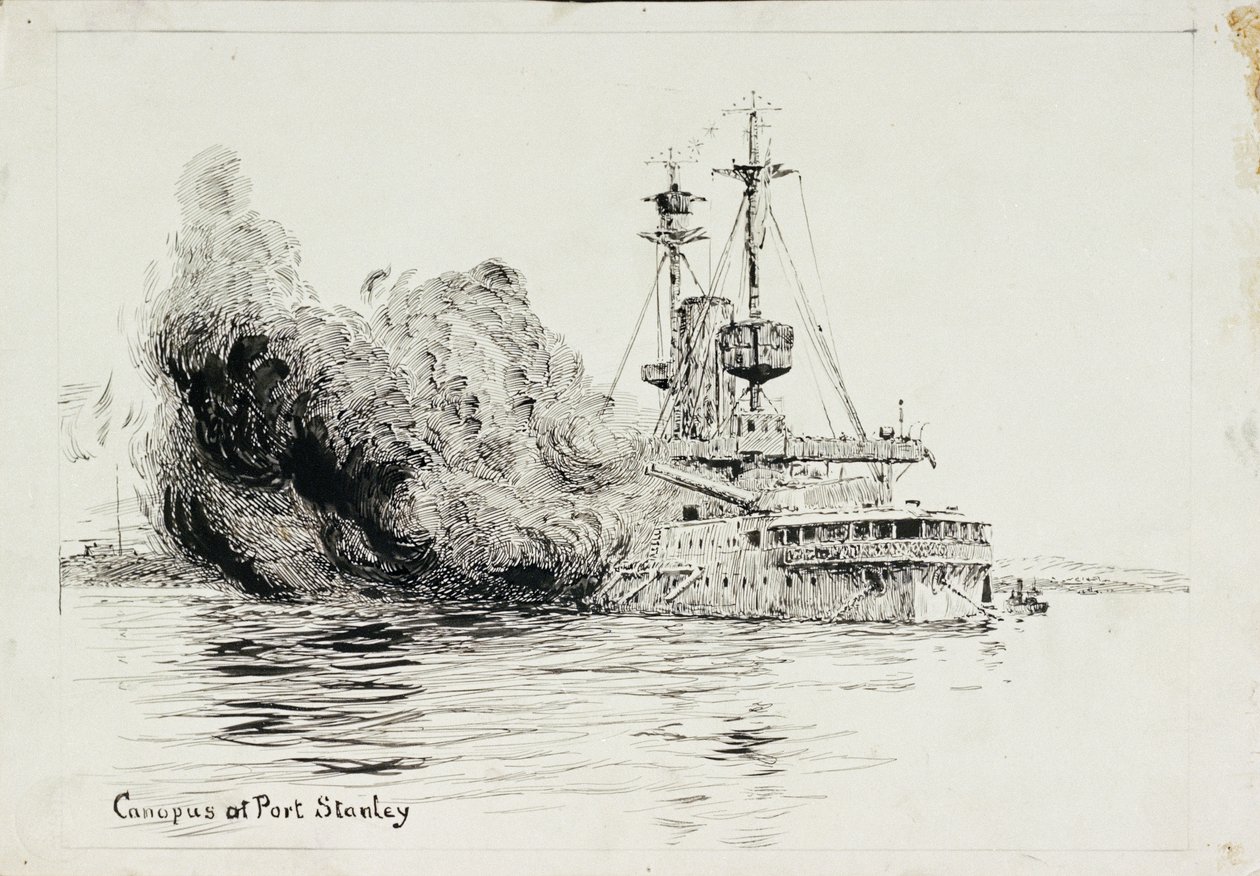 HMS "Canopus" em Port Stanley, disparando as salvas de abertura da Batalha das Ilhas Falkland, 8 de dezembro de 1914 (caneta e tinta, com lavagem a preto, sobre cartão) de William Lionel Wyllie